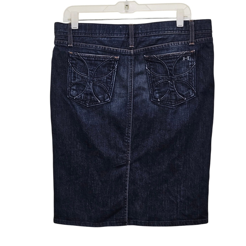 Habitual Denim Pencil Skirt Sz 2 Dark Wash Embroidered Back Pocket Knee Length
